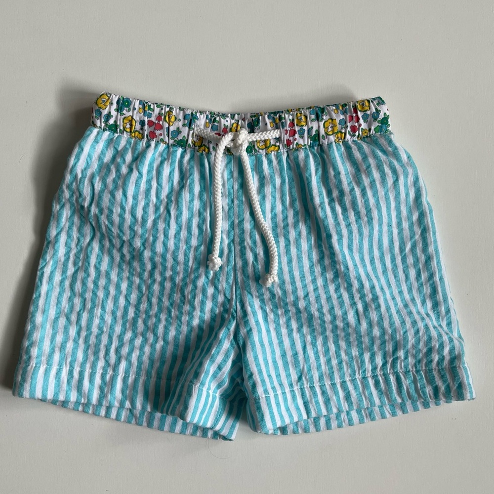 Charming Mary Boy’s Turquoise Seersucker Swim Trunks with Floral Waistband - 12M